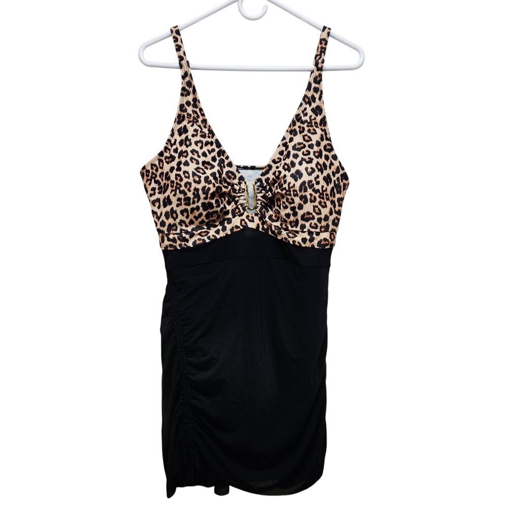 Leopard Print V-Neck Swim Dress With Ruched Sides & Built-In Bottoms Size XXL